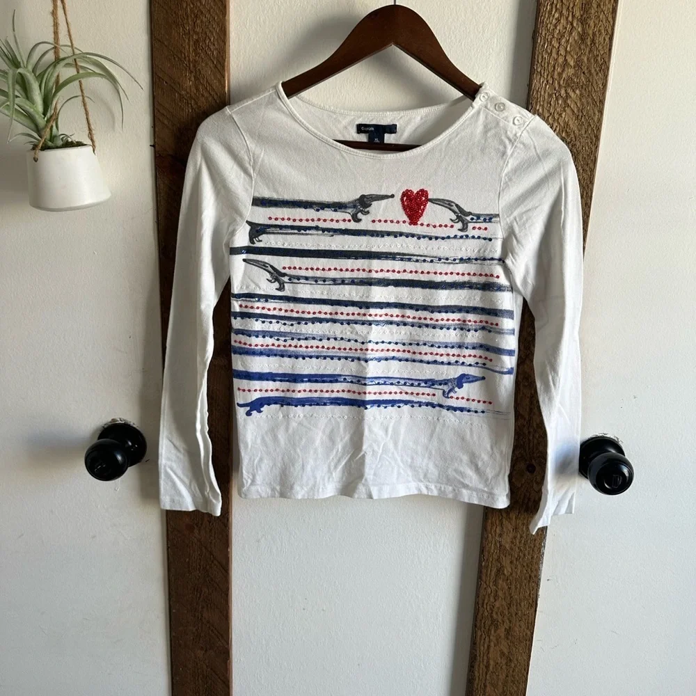 Gap Girls Long Sleeve Cotton Shirt Dachshund Dogs Heart Sequins Paris Type Artsy